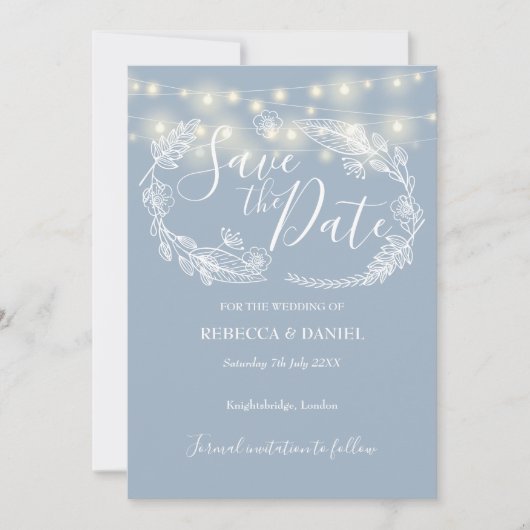 Save The Date Chaîne Lights Floral Dusty Mariage bleu (Devant)