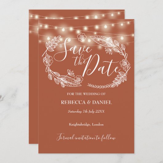 Save The Date Chaîne Lights Floral Terracotta Mariage (Devant / Derrière)