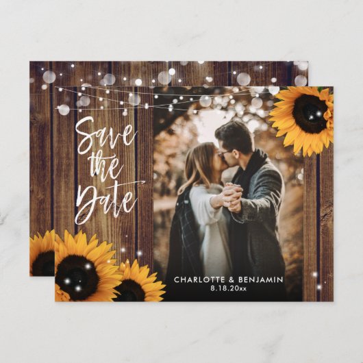 Save The Date Chaîne Rustique Bois Lumières Tournesols Mariage P (Devant / Derrière)