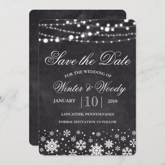 Save The Date Chalk de flocon de neige d'hiver Enregistrer la da (Devant / Derrière)