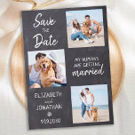 Save The Date Chalkboard Chien Mariage photo Collage<br><div class="desc">Laissez votre meilleur chien annoncer votre mariage avec ce chien de compagnie super mignon "My Humans Are Getting Married" enregistrer les cartes de dates. Customisez avec vos photos préférées et personnalisez avec les noms, la date et l'emplacement du mariage. Cette carte de faire-part pour chien de collage photo amusant sera...</div>