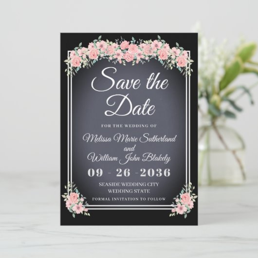 Save The Date Chalkboard Floral Mariage noir (Debout devant)
