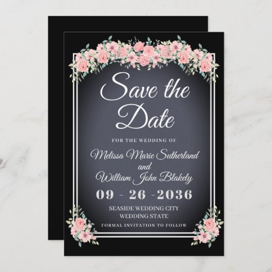 Save The Date Chalkboard Floral Mariage noir (Devant / Derrière)