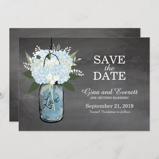 Save The Date Chalkboard Mason Jar Hydrangeas | ENREGISTRER LA D (Devant / Derrière)