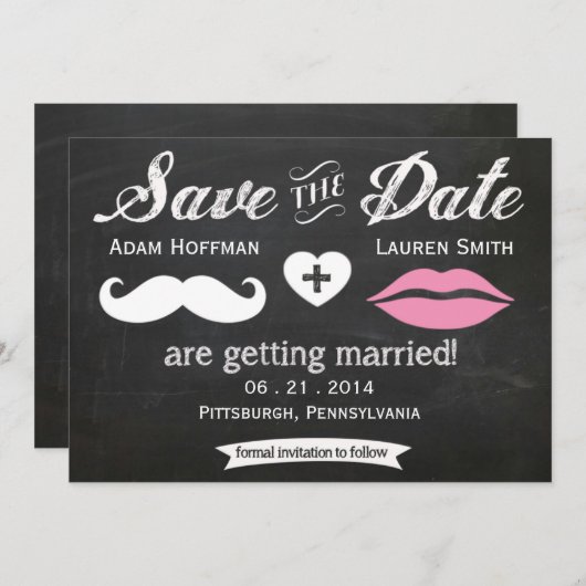Save The Date Chalkboard Moustache et lèvres Enregistrer la date (Devant / Derrière)
