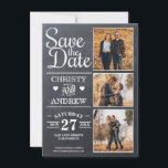 Save The Date Chalkboard Rustic Photo Collage<br><div class="desc">Rustic enregistrez la carte de date avec un arrière - plan de tableau noir et des lumières à cordes qui comprennent 3 images photo de votre choix.</div>