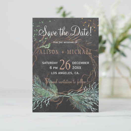 Save The Date Chalkboard rustique wreath d'hiver enregistrer dat (Debout devant)