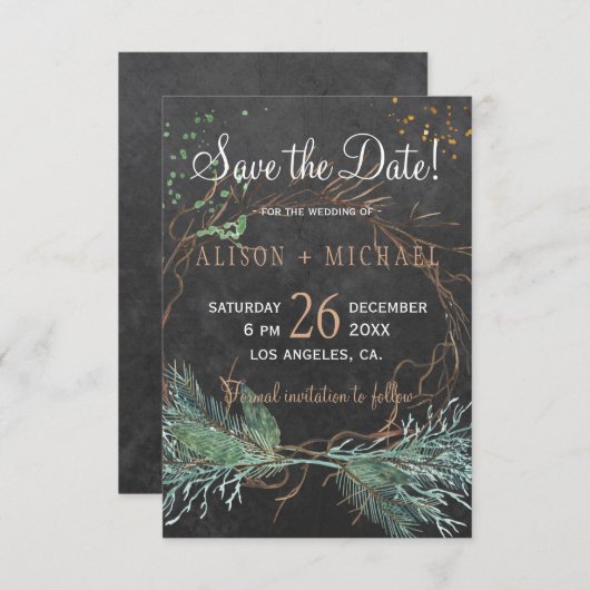 Save The Date Chalkboard rustique wreath d'hiver enregistrer dat (Devant / Derrière)