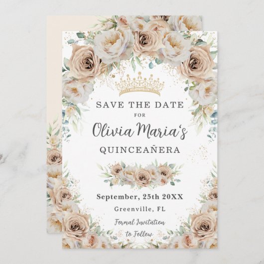 Save The Date Champagne Crème Beige Or Floral Quinceañera (Devant / Derrière)