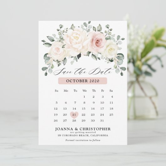 Save The Date Champagne Ivory Blush Pink Pastel Calendrier Flora (Debout devant)