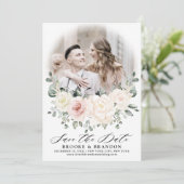Save The Date Champagne Ivory Blush rose Floral Vert Photo (Debout devant)