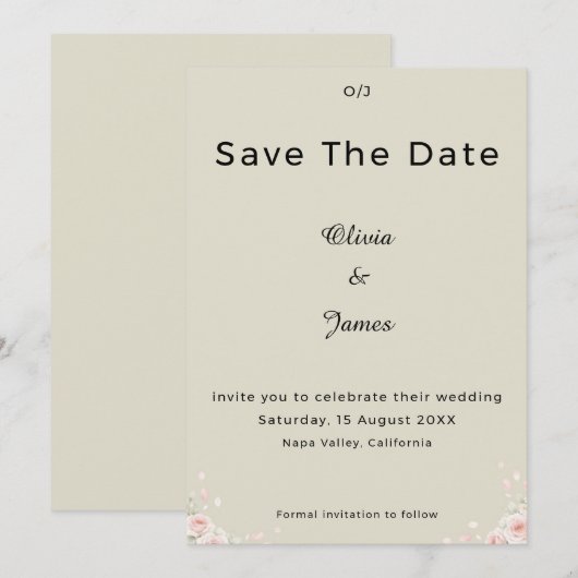Save The Date Champagne Ivory Whispered Petals Minimalist Script (Devant / Derrière)