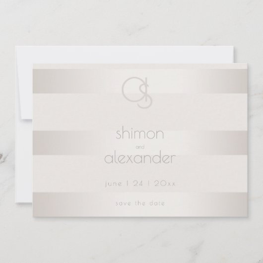 Save the date | Champagne Shimmer Stripe Monogram (Voorkant)