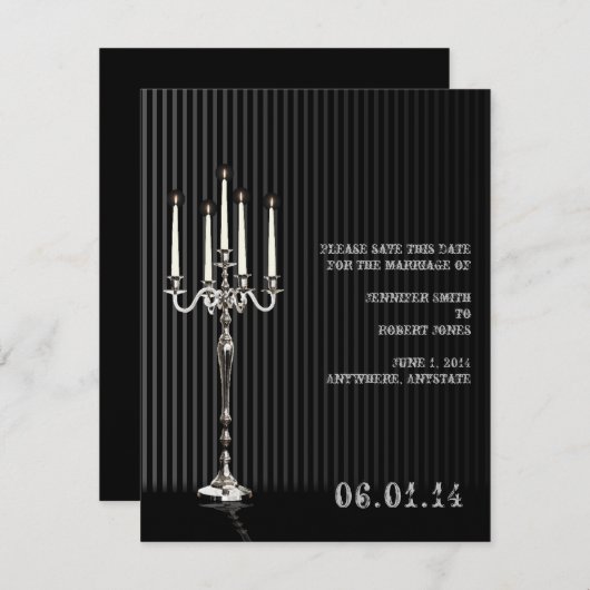 Save The Date Chandelabra gothique en argent noir Enregistrer la (Devant / Derrière)