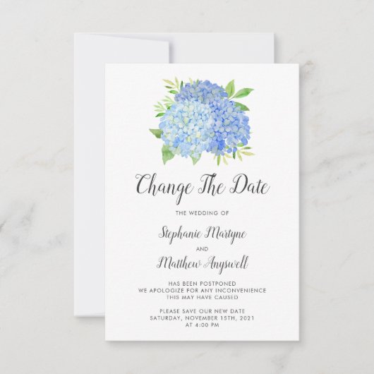 Save The Date Changement de date Mariage Hydrangea Bleue (Devant)