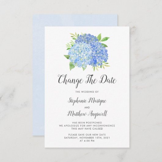 Save The Date Changement de date Mariage Hydrangea Bleue (Devant / Derrière)