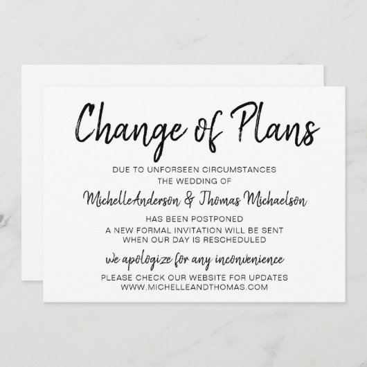 Save The Date Changement de plan Mariage Simple Noir et Blanc (Devant / Derrière)