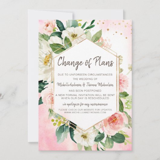Save The Date Changement de plans Mariage Aquarelle rose florale (Devant)