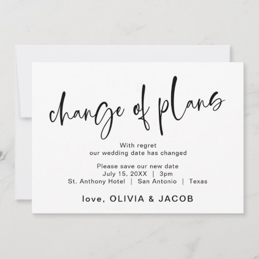 Save The Date Changement de plans | Moderne noir et blanc (Devant)