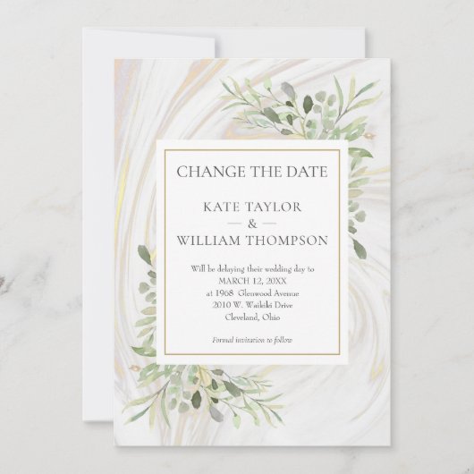 Save The Date Changer la Date Feuillage Marbre Tourbillon (Devant)