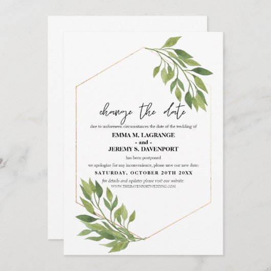 Save The Date Changer la date mariage Feuillage et cadre doré (Devant / Derrière)