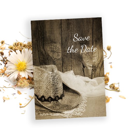 Save The Date Chapeau de Cowboy en Bois de Grange Mariage Wester