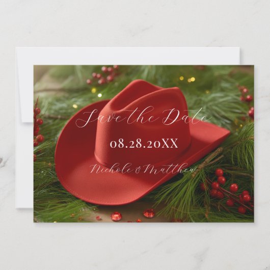 Save The Date Chapeau de cowboy rouge pour mariage de Noël (Devant)