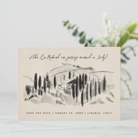 Save The Date Charcoal Sketched Italien Winery Enregistrer la da (Debout devant)