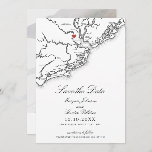 Save The Date Charleston SC Elegant Mariage noir et blanc (Devant / Derrière)