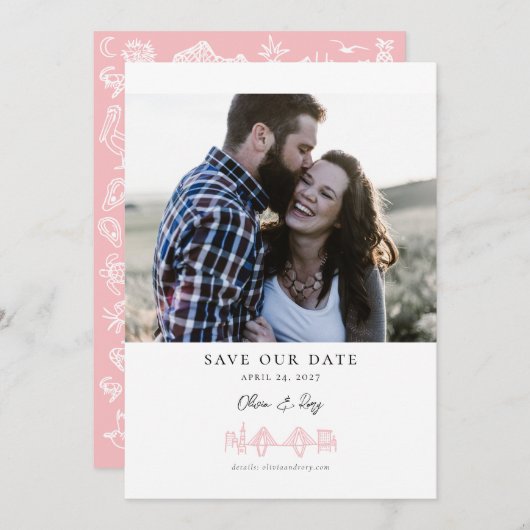Save The Date Charleston Toile Skyline en rose Enregistrer la da (Devant / Derrière)