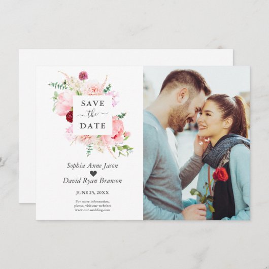 Save The Date Charm Aquarelle rose Fleurs rouges Mariage photo (Devant / Derrière)