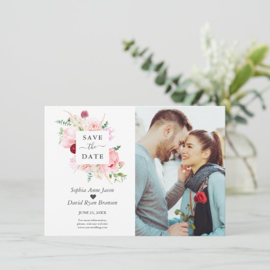 Save The Date Charm Aquarelle rose Fleurs rouges Mariage photo (Debout devant)