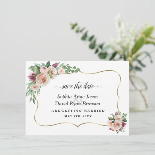 Save The Date Charm Blush Champagne Fleurs Mariage de calligraph (Debout devant)