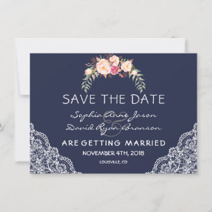 Save The Date Charm Blush rose Fleurs dentelle Mariage Marine