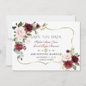 Save The Date Charm Bourgogne Blush Flowers Gold Frame Mariage (Devant)