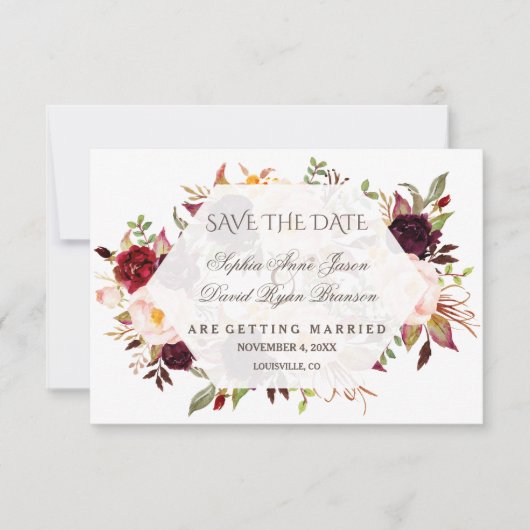 Save The Date Charm Burgundy Rouge Marsala Floral Enregistrer La (Devant)