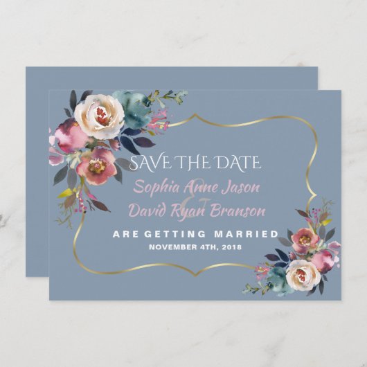 Save The Date Charm Dusty Blue Misty Rose Gold Mariage (Devant / Derrière)