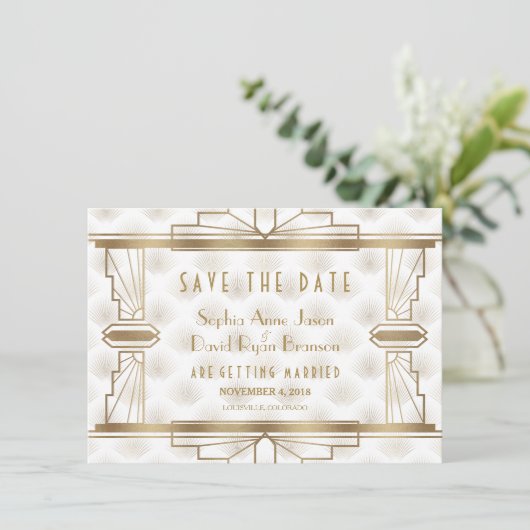 Save The Date Charm Gold Great Gatsby Art Déco Enregistrer La Da (Debout devant)