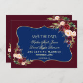 Save The Date Charm Navy Bleu Bourgogne Or Floral Enregistrer La (Devant / Derrière)