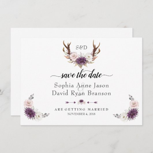 Save The Date Charm Rose Blush Floral Antlers Enregistrer La Dat (Devant / Derrière)
