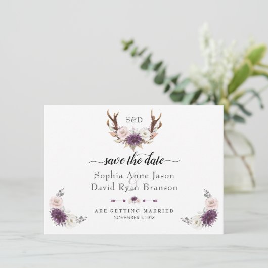 Save The Date Charm Rose Blush Floral Antlers Enregistrer La Dat (Debout devant)