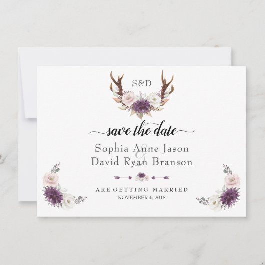 Save The Date Charm Rose Blush Floral Antlers Enregistrer La Dat (Devant)