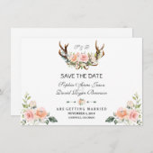 Save The Date Charm Rose Blush Floral Antlers Enregistrer La Dat (Devant / Derrière)