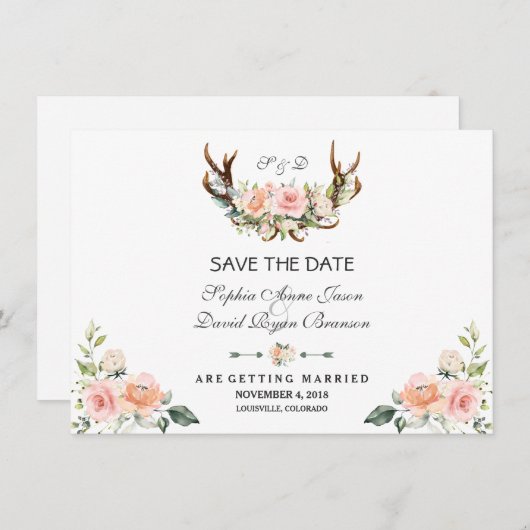 Save The Date Charm Rose Blush Floral Antlers Enregistrer La Dat (Devant / Derrière)