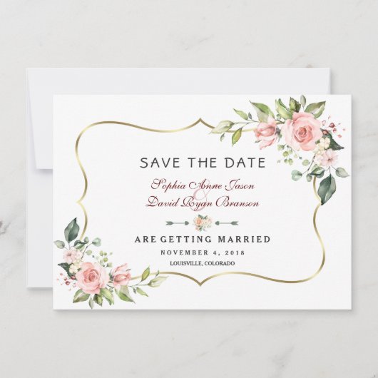 Save The Date Charm rose Fleurs blanches Mariage de cadre or (Devant)
