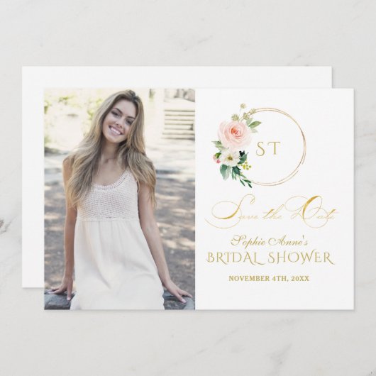 Save The Date Charm rose Fleurs blanches or (Devant / Derrière)