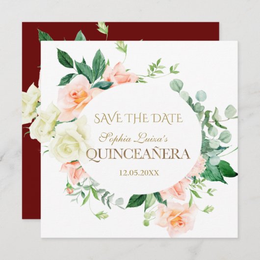 Save The Date Charm Spring Blush Fleurs blanches Quinceañera (Devant / Derrière)