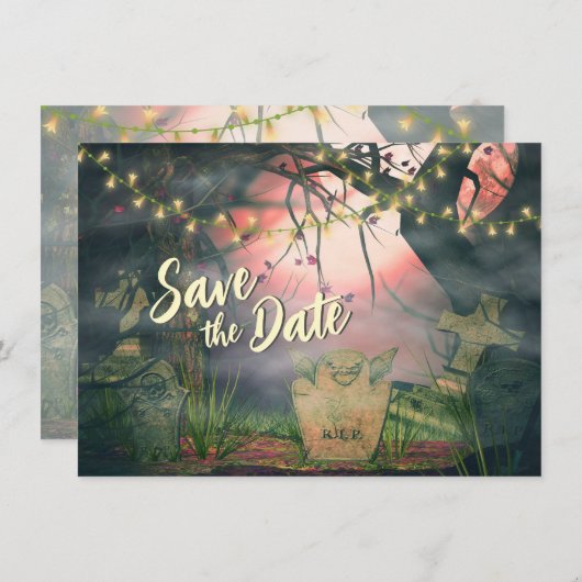 Save The Date Charmant cimetière avec lumière Mariage Halloween (Devant / Derrière)
