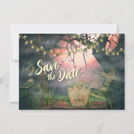 Save The Date Charmant cimetière avec lumière Mariage Halloween (Devant)