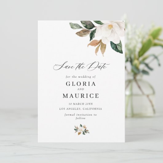 Save The Date charmant script Magnolia floral Enregistrer la dat (Debout devant)